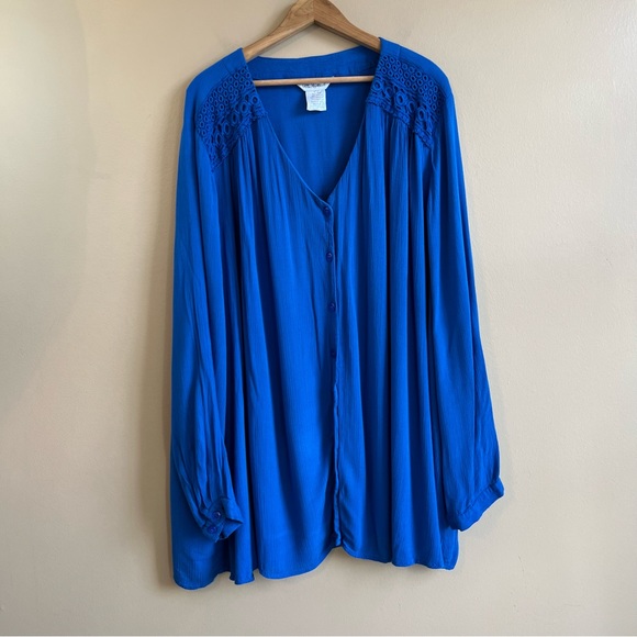 ULLA POPKEN Womens blue Button Peasant Top Size 32/34 Long Sleeve V-neck crochet - Picture 6 of 6